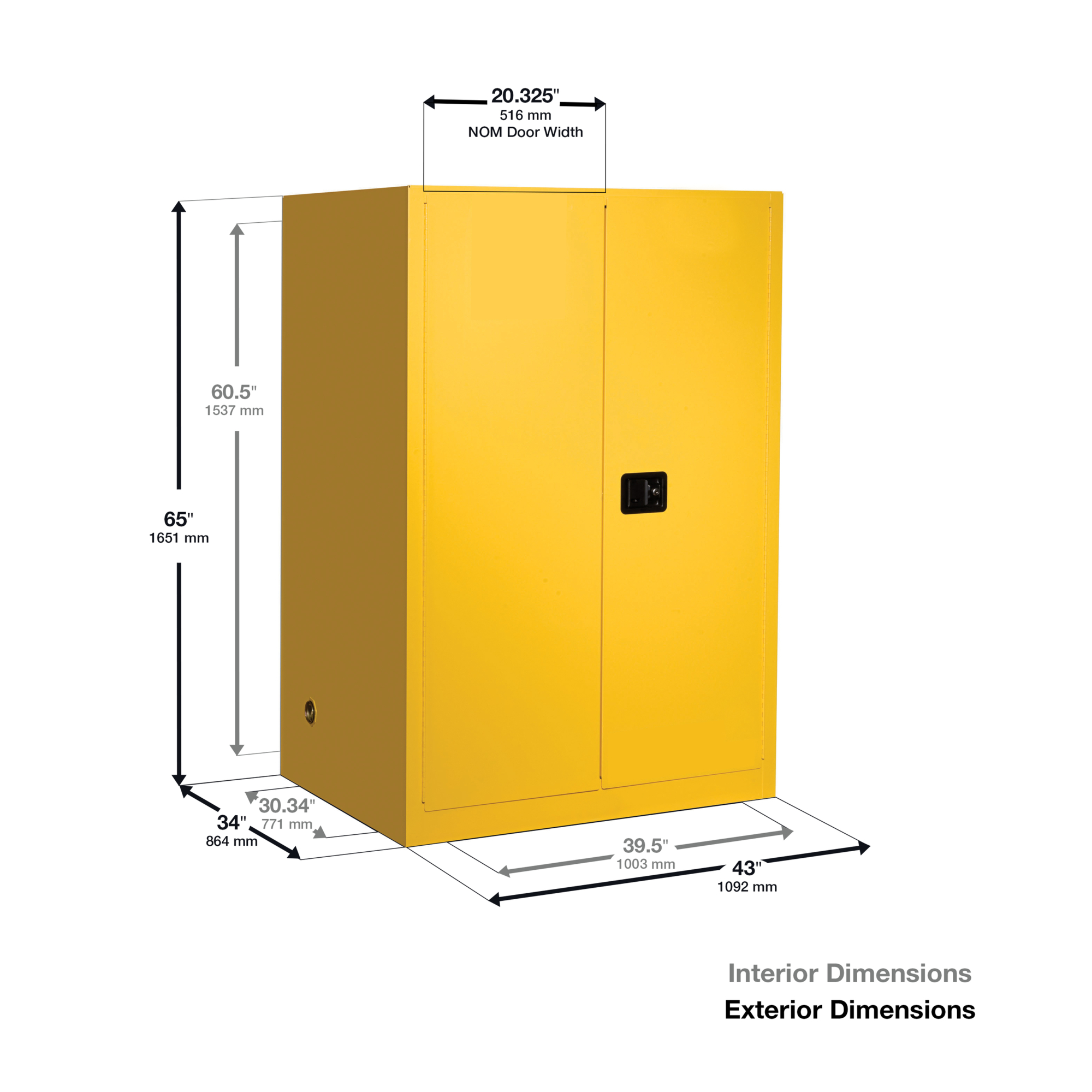 Justrite Flammable Cabinet — 90-Gallon, 2 Shelves, Manual Close, Yellow, Sure-Grip EX, Model# 899000